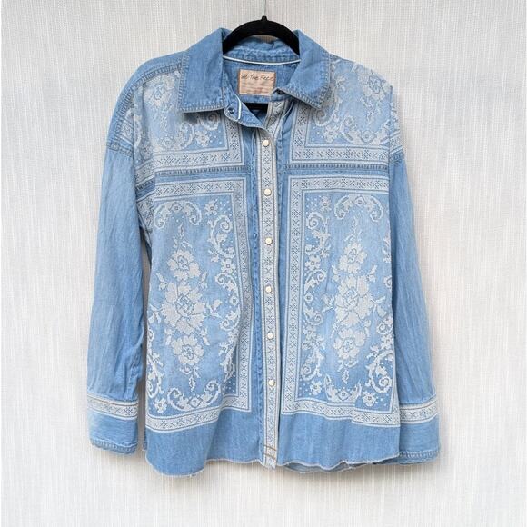 Free People We The Free Blue Denim Lace Embroidered Button-Down Shirt, size XS - Picture 2 of 8